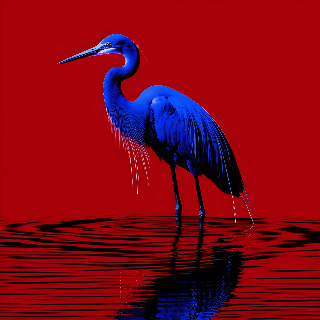 synthwave digitale kunst van een exotische kobaltblauwe reiger op rood papier 2 door Kurt Heppke