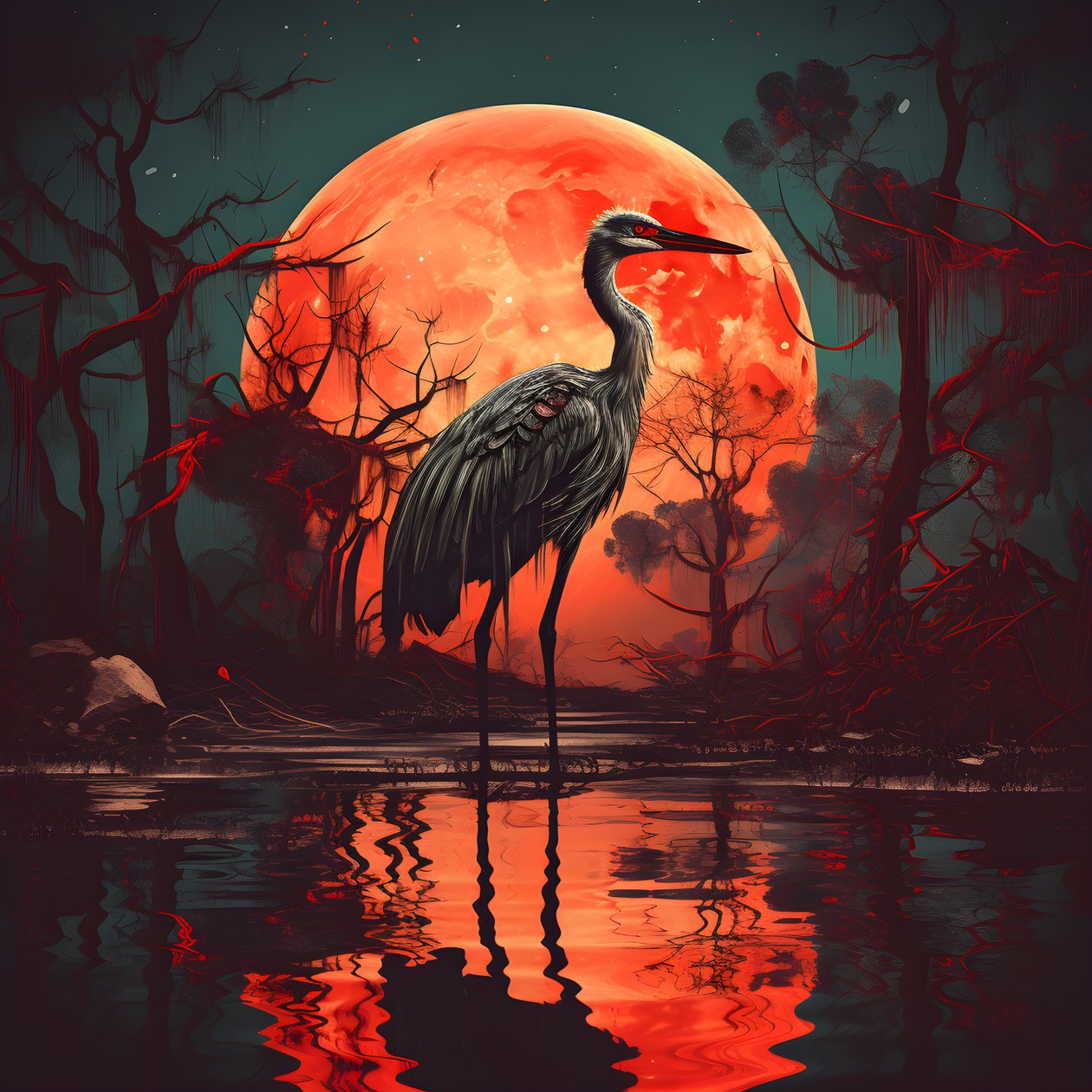 water en een grote vogel staand in de avond bij volle maan 1 door Kurt Heppke