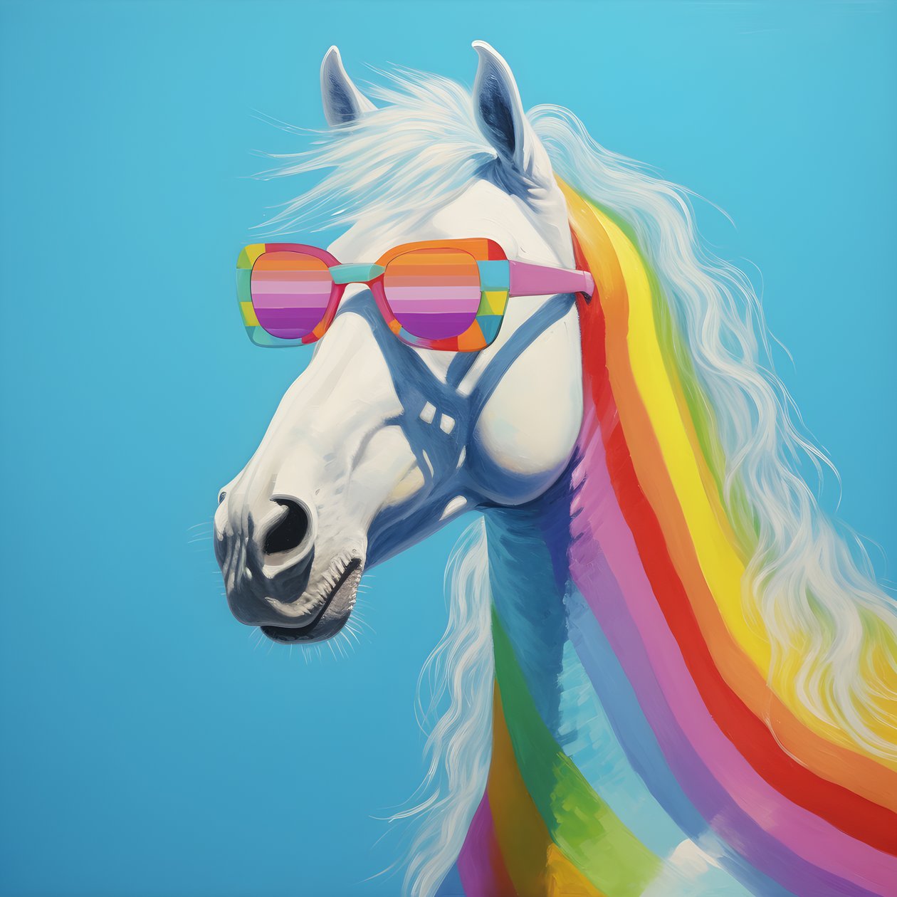 wit paard met regenboogbril op blauwe achtergrond 2 door Kurt Heppke