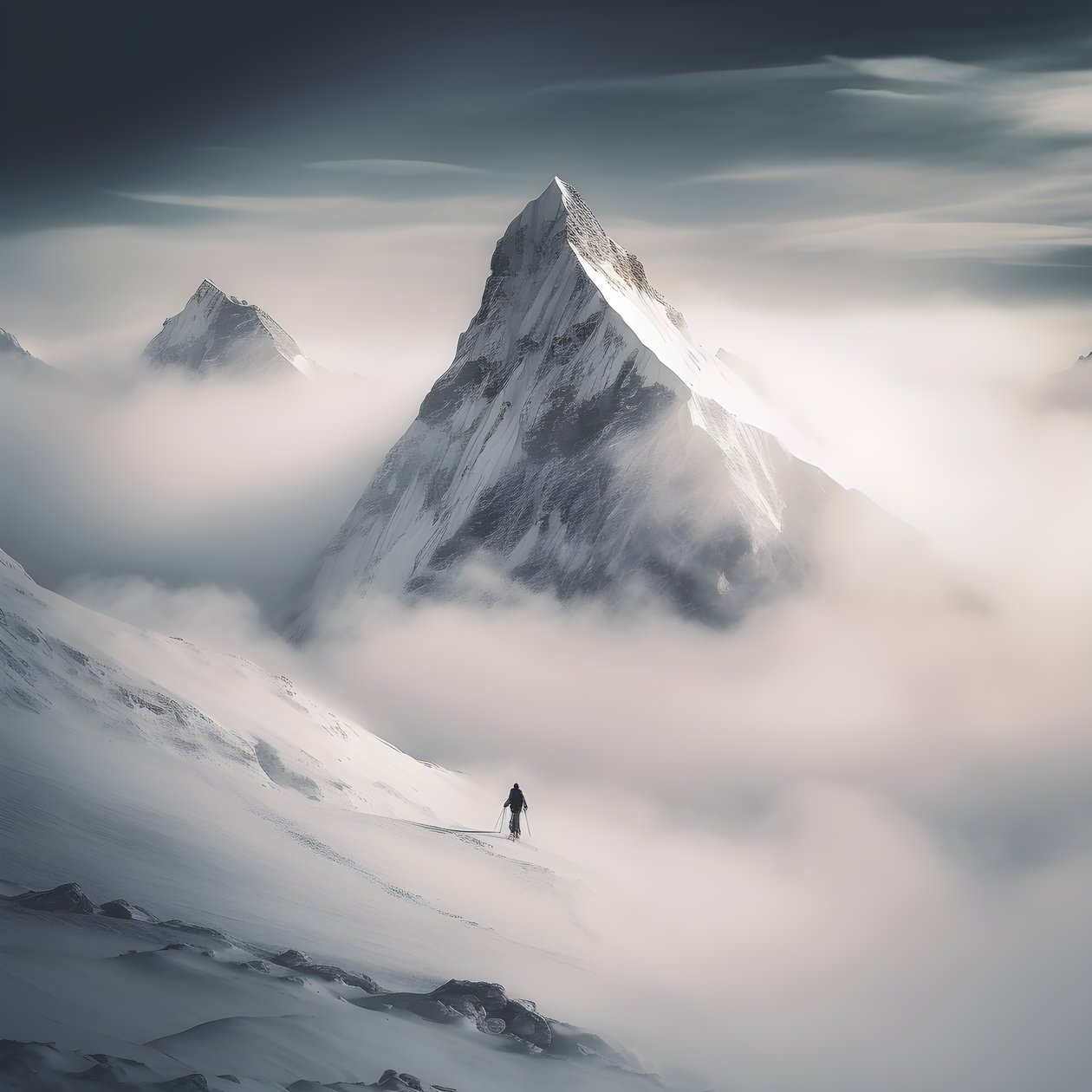 twee mensen aan het skiën boven een met wolken bedekte berg 1 door Kurt Heppke