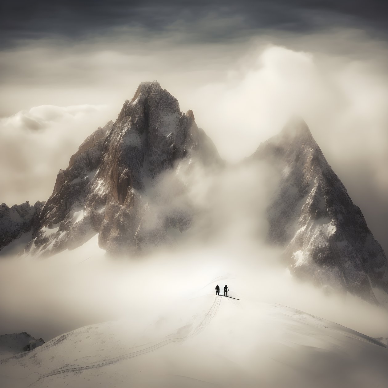 twee mensen aan het skiën boven een bewolkte berg 2 door Kurt Heppke