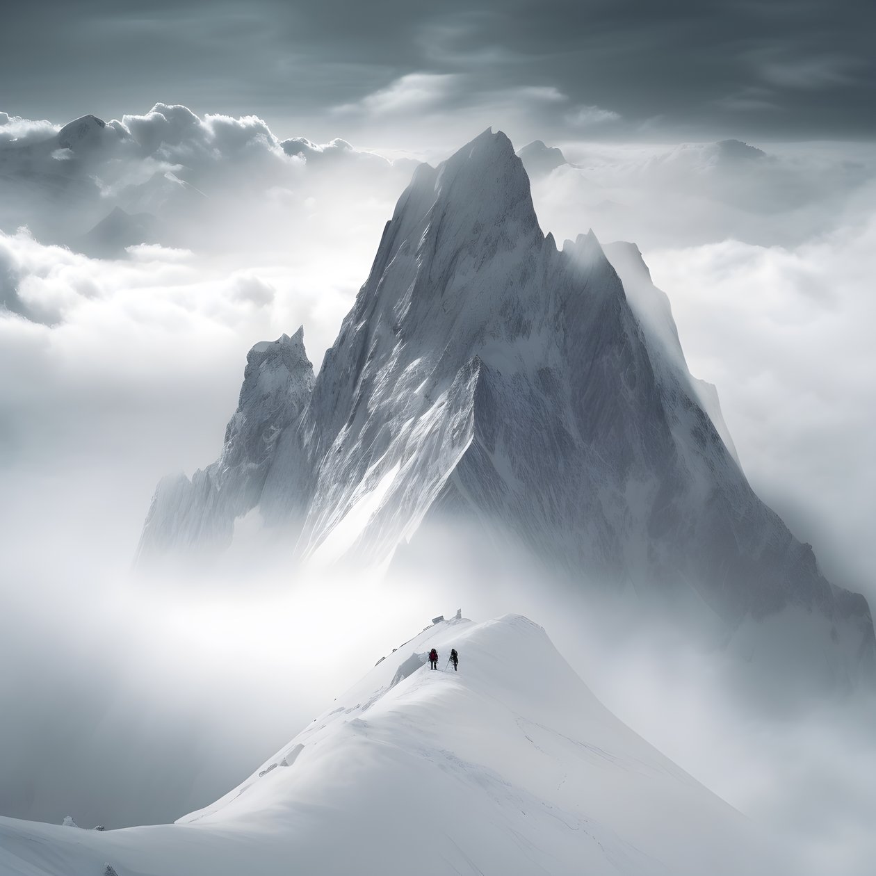 twee mensen aan het skiën boven een met wolken bedekte berg 4 door Kurt Heppke