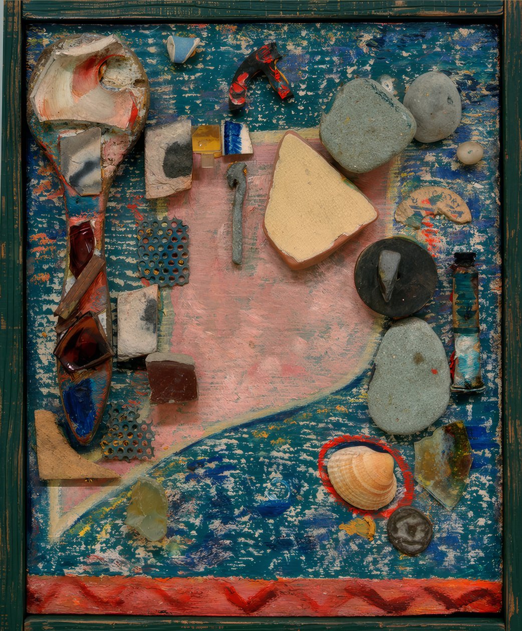 Klein Merzbeeld met vele delen door Kurt Schwitters
