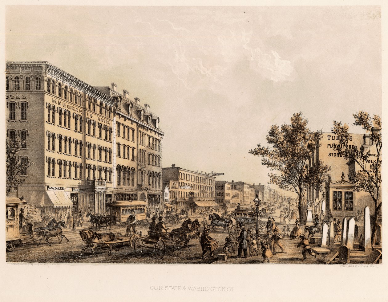 De hoek van State en Washington Streets, Chicago, ca. 1867 door Kurz and Allison