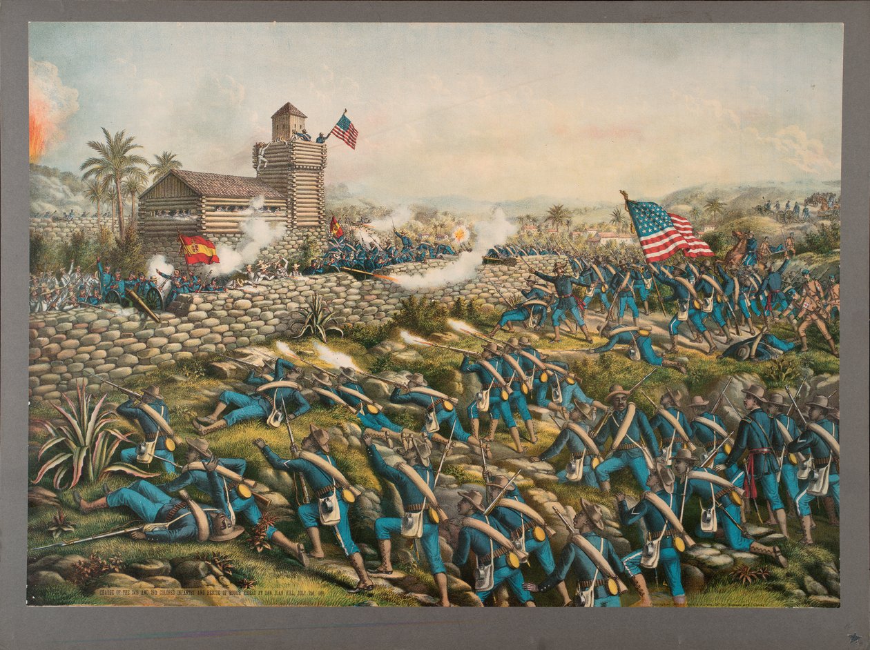 Aanval van de 24e en 25e Gekleurde Infanterie en Redding van de Rough Riders op San Juan Hill, 2 juli 1898 door Kurz and Allison