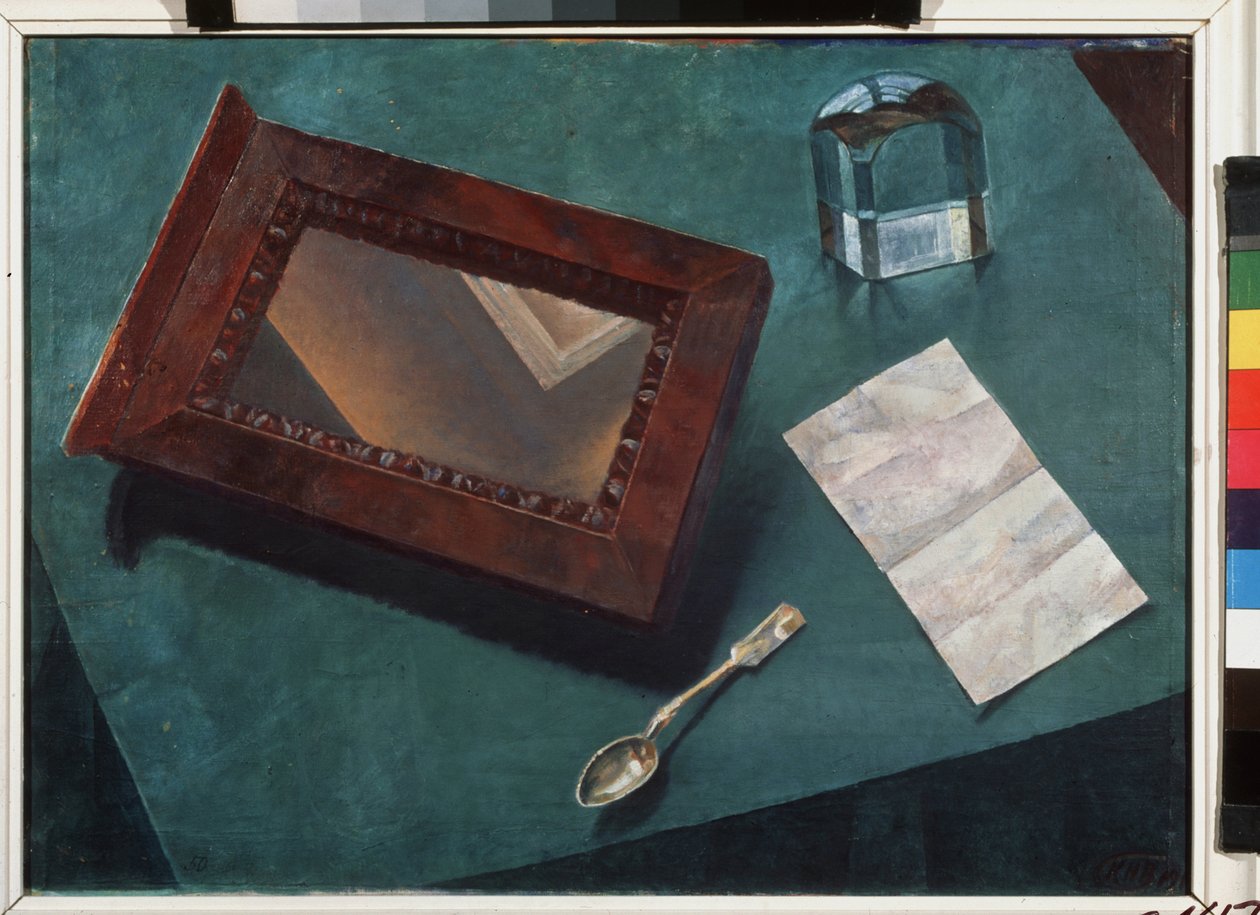 Stilleven met spiegel door Kuzma Sergeevich Petrov Vodkin