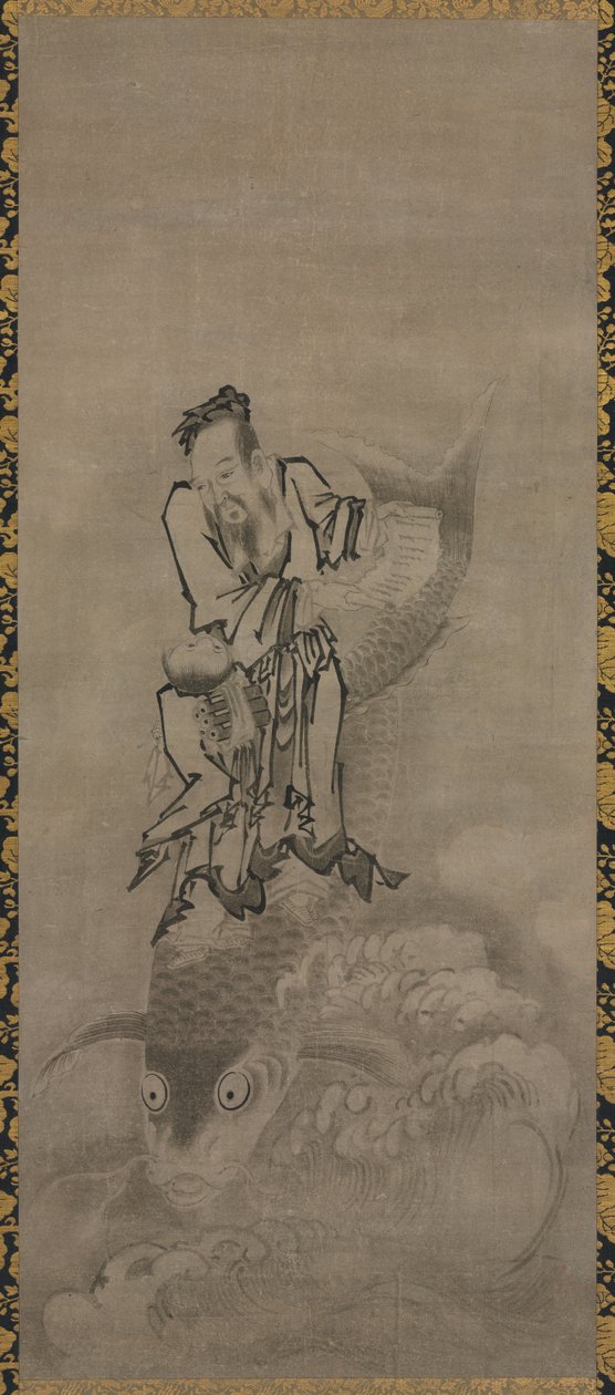 Hotei met Daoïstische onsterfelijken: Onsterfelijke rijdend op karper door Kyūseki Tomonobu