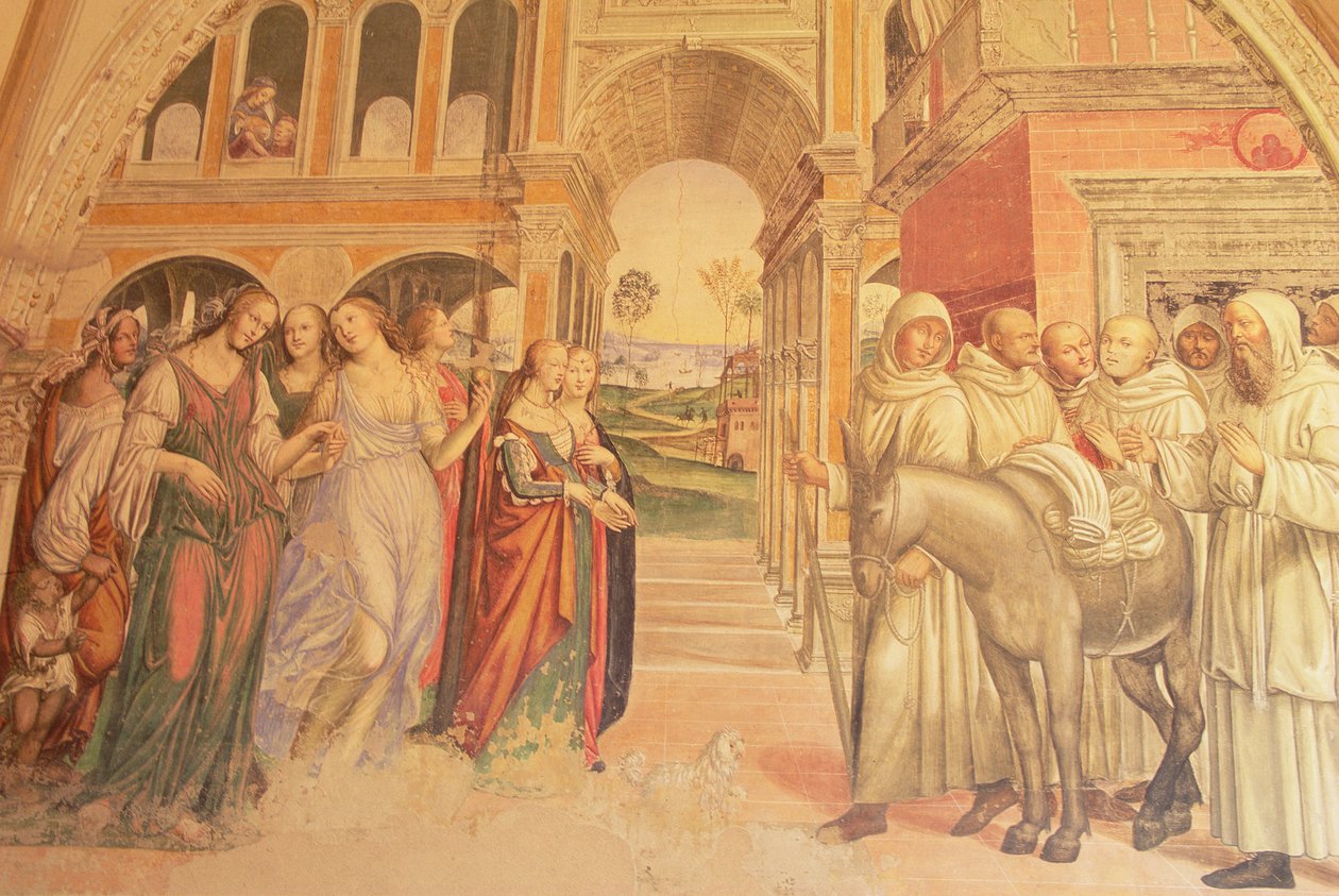 Florent stuurt losbandige vrouwen naar het klooster, uit het Leven van St. Benedictus, 1497-98 door L. and Sodoma, G. Signorelli