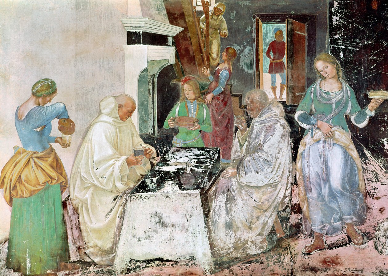 St. Benedictus ontvangt gastvrijheid, uit het Leven van St. Benedictus, 1497-98 door L. and Sodoma, G. Signorelli