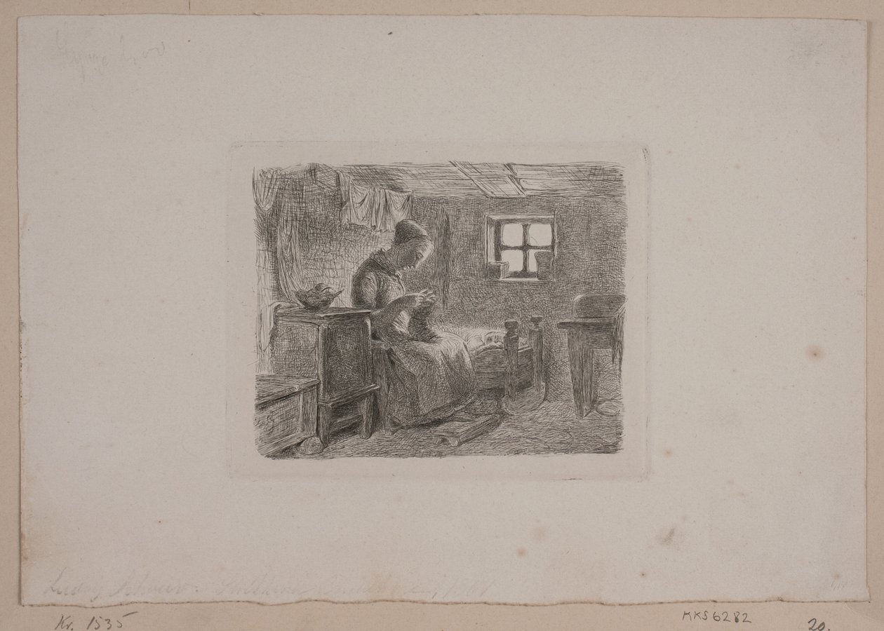 Boerenhuis met een breiende vrouw door L.A. Schou