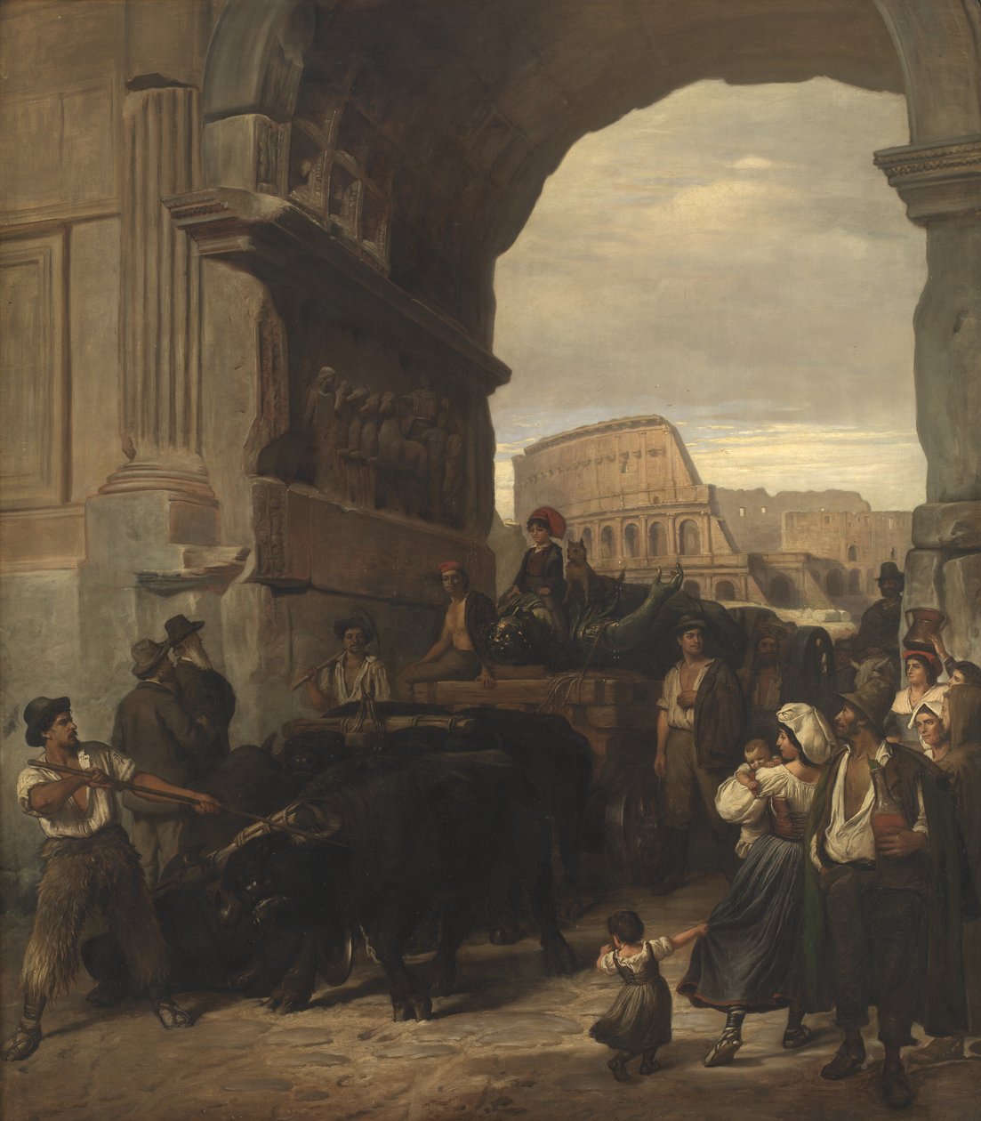 Romeinse Arbeiders die een Antiek Keizerlijk Standbeeld van het Colosseum door de Boog van Titus naar de Capitolijnse Musea Transporteren door L.A. Schou
