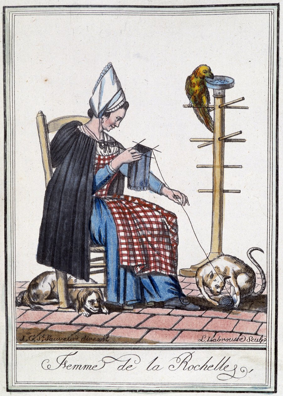 Vrouw van La Rochelle die breit met een hond, een papegaai en een kat die met de bol wol spelen door L.F. Labrousse