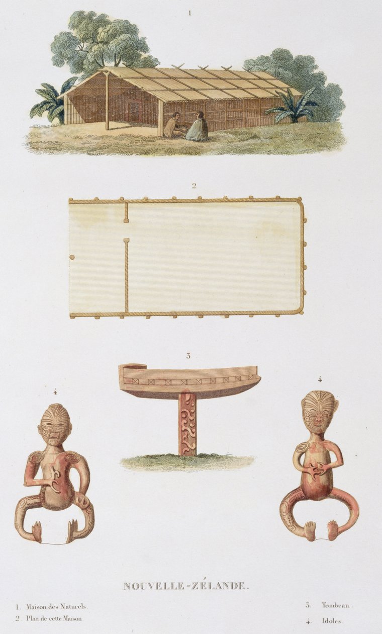 Een geestenhuis, Nieuw-Zeeland, uit Voyage autour du Monde, uitgevoerd in opdracht van de koning op La Corvette de Sa Majeste, La Coquille tijdens de jaren 1822, 1823, 1824 en 1825, door Louis Isidore Duperrey door L.I. and Chazal, A. Duperrey
