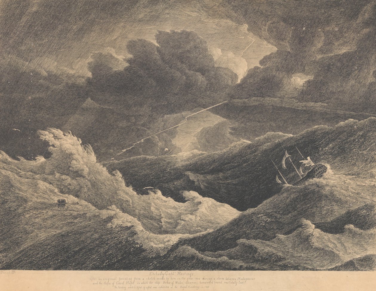 Van een schets gemaakt in 1804 tijdens een storm tussen Madagaskar en de Kaap de Goede Hoop waarin het Indiaman-schip 