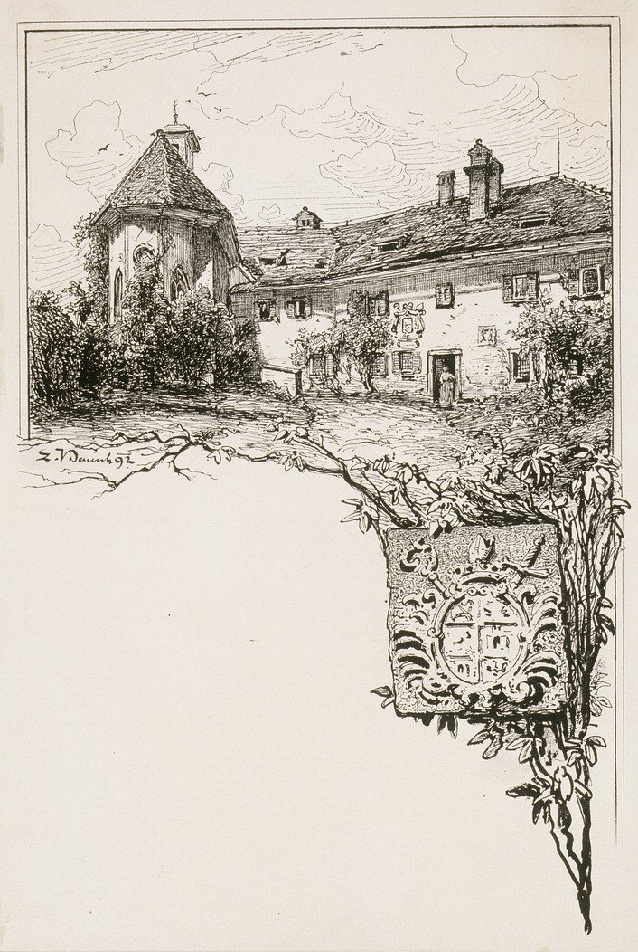 Kasteel van Bled met bisschoppelijk wapen door Ladislav Benesch