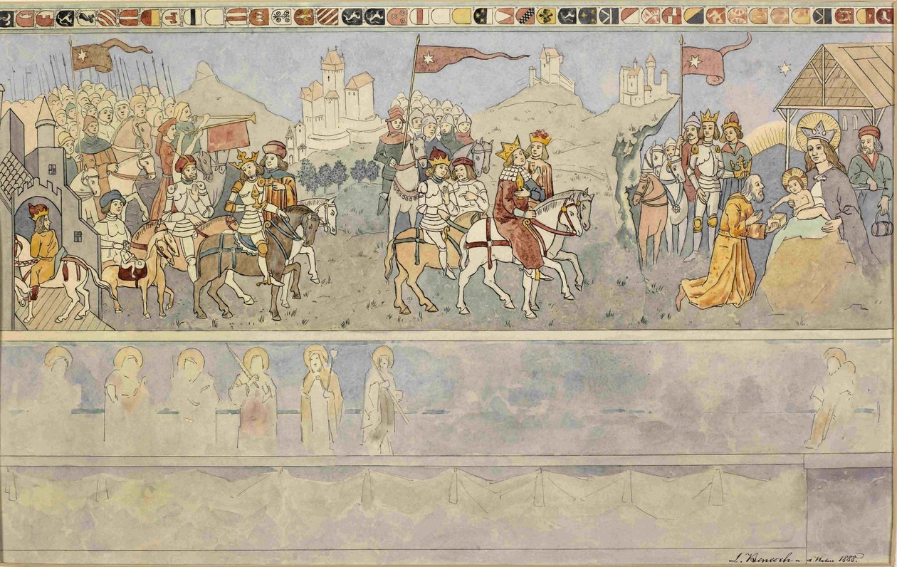 Tekening van een fresco uit de Lutherse kapel in Turjak met het motief van de optocht van de drie koningen door Ladislav Benesch