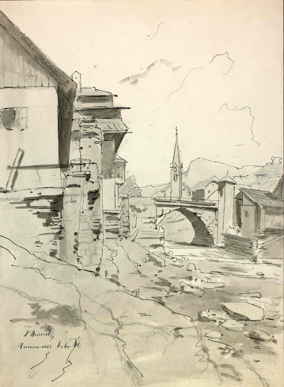 Trzic, motief met brug en kerk op de achtergrond door Ladislav Benesch