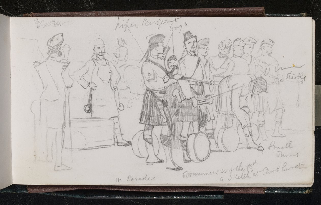 Op parade. Drummers van de 79e. Een schets in Parkhurst door Lady  Butler