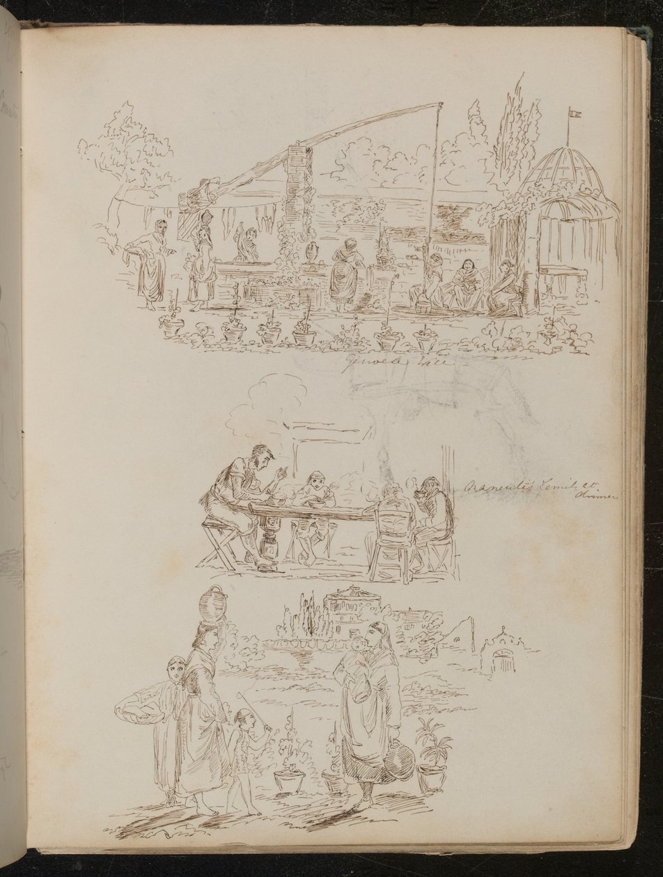Een tuin- en wasscène met vrouwelijke figuren met inscriptie "Genoese Bron", en een studie van vier figuren met inscriptie "Manenti