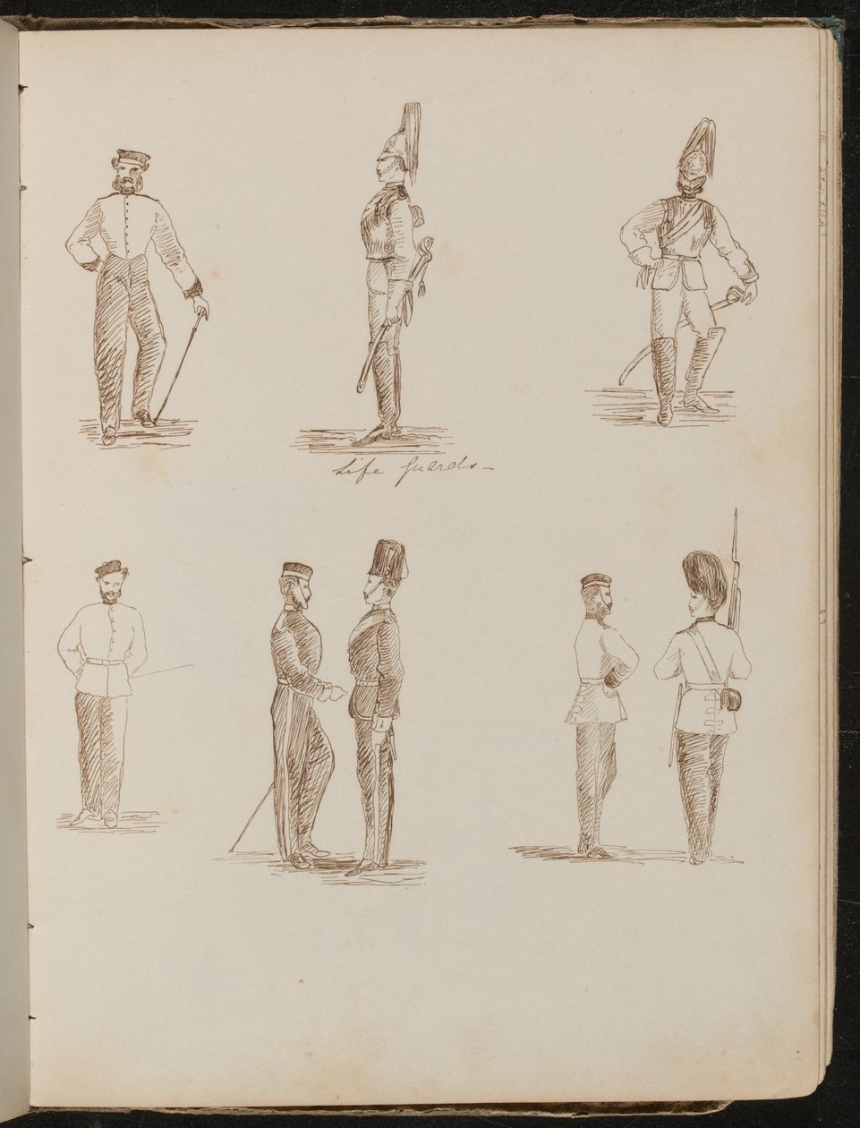 Acht studies van staande soldaten in uniform, met opschrift 