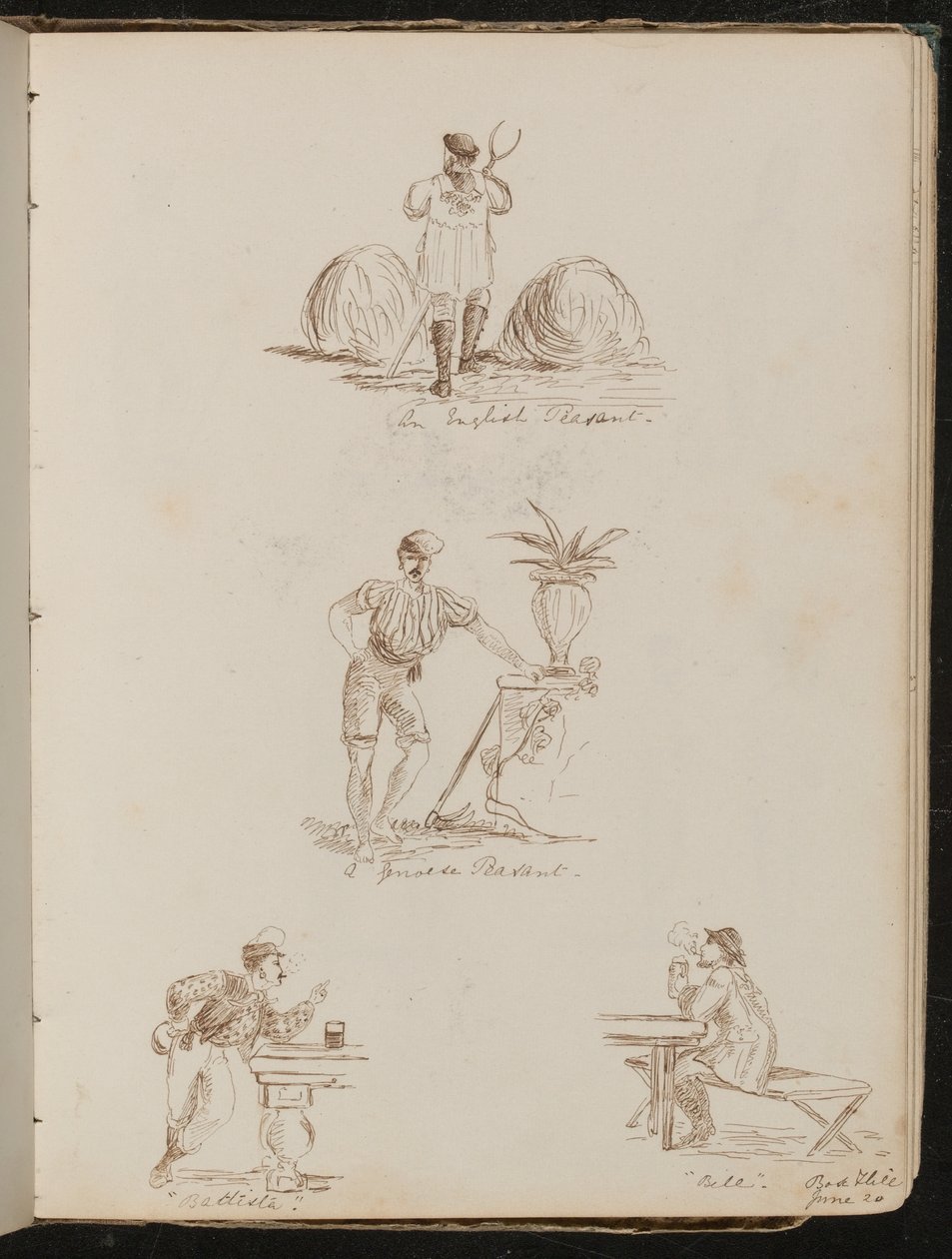"Engelse Boer", "een Genuese Boer", Studie van Figuren in Tavernes Ingeschreven "Battista" en "Bile", Plaats en Datum "20 Juni" door Lady Butler
