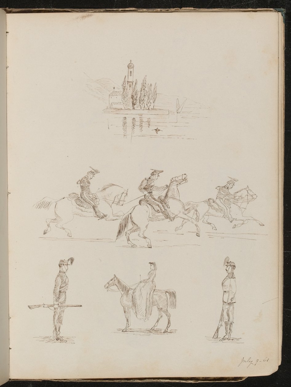 Vijf studies van een kerk, soldaten in vol ornaat te paard, een soldaat op wacht en een studie van een vrouw die zijwaarts rijdt door Lady Butler