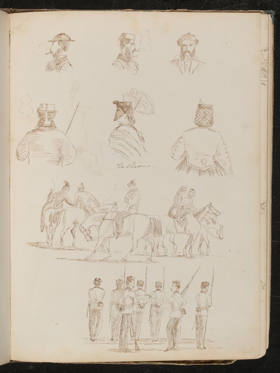 Vier studies van mannelijke bustes, twee van een vrouw met parasol, studie van een groep mannen en een vrouw te paard, studie van een groep soldaten door Lady Butler