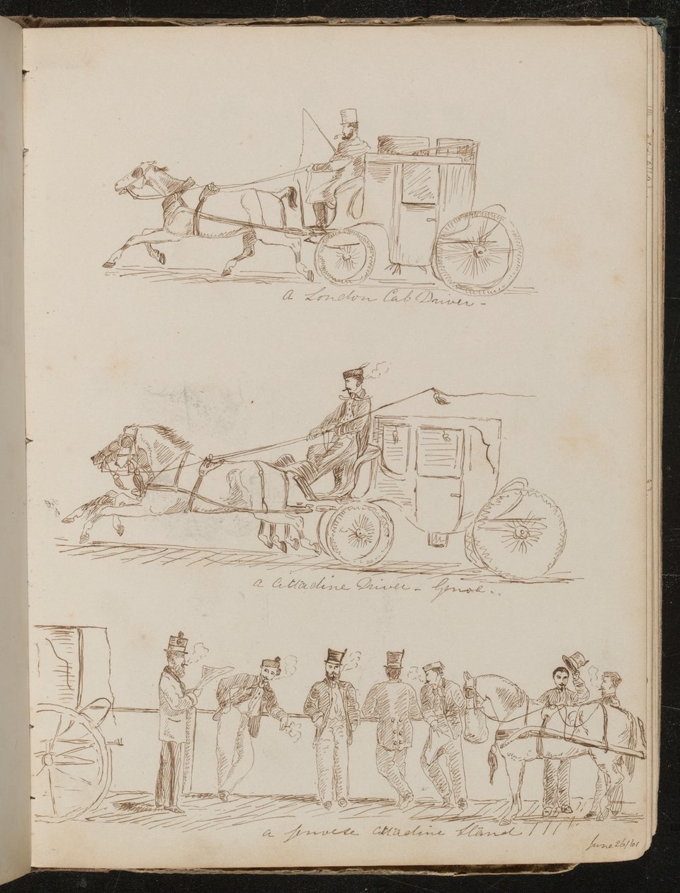 Studies van "een Londense Cabchauffeur", "een Cittadine Chauffeur - Genua", en "een Genuese Cittadine Stand", Gedateerd "26 Juni/61" door Lady Butler