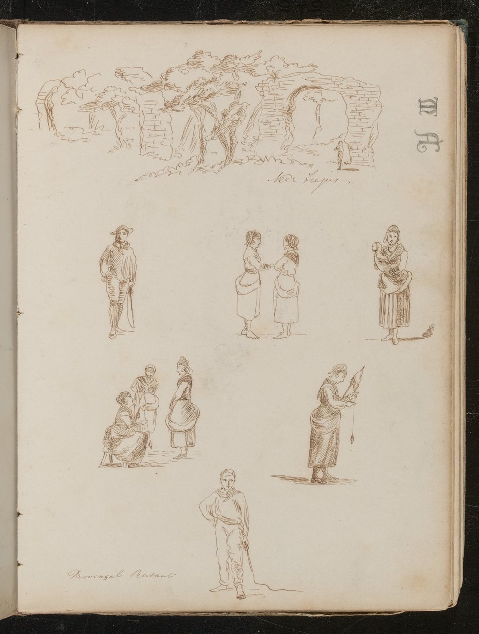 Studie van landschap met bomen en ruïnes met opschrift 