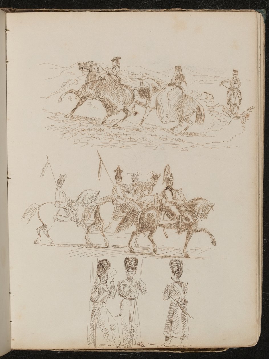 Studie van twee vrouwen en een man rijdend in heuvelachtig landschap, studie van soldaten te paard, studie van drie wachters in gesprek door Lady Butler