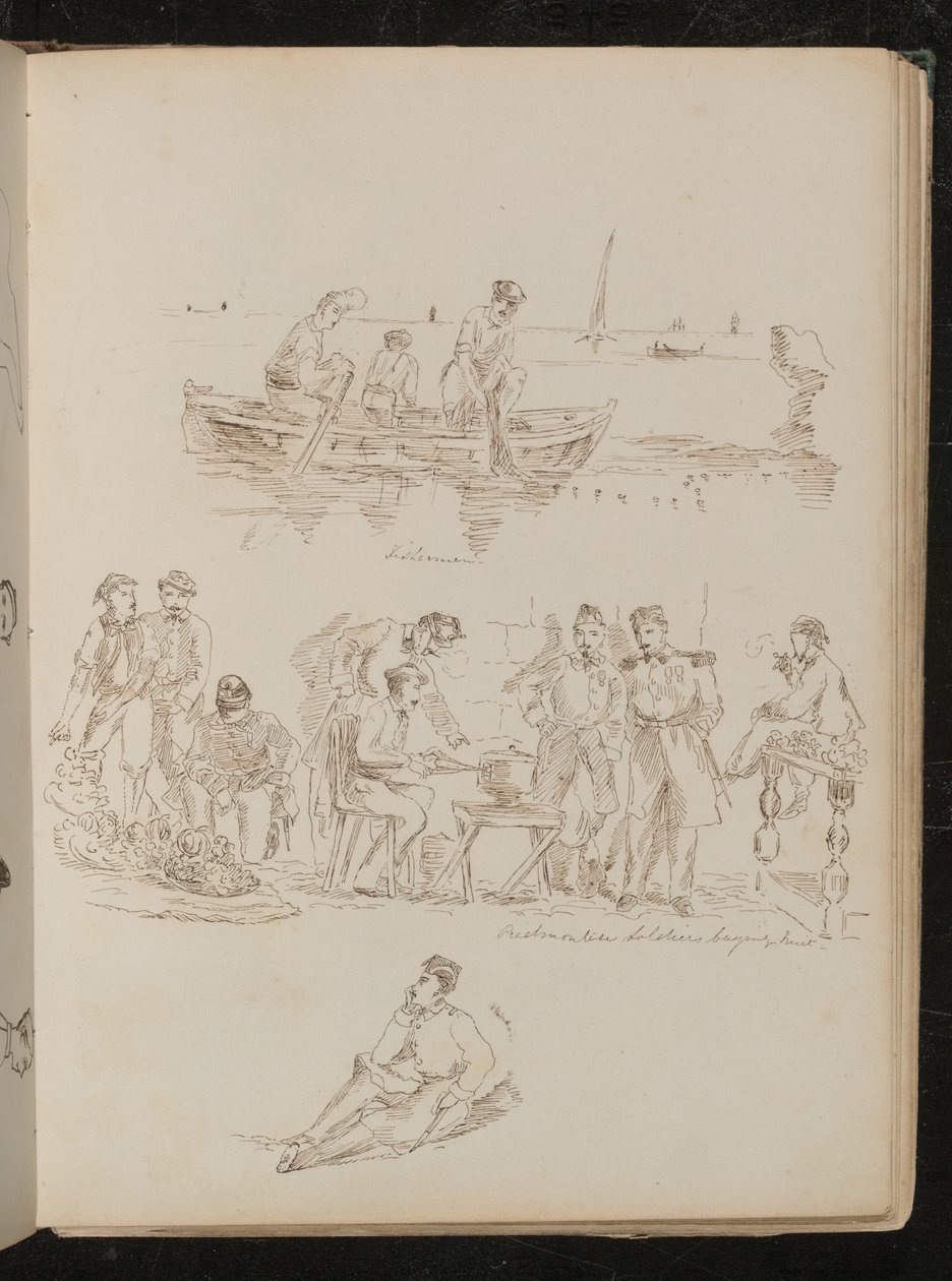 Drie figuren in een roeiboot met opschrift 
