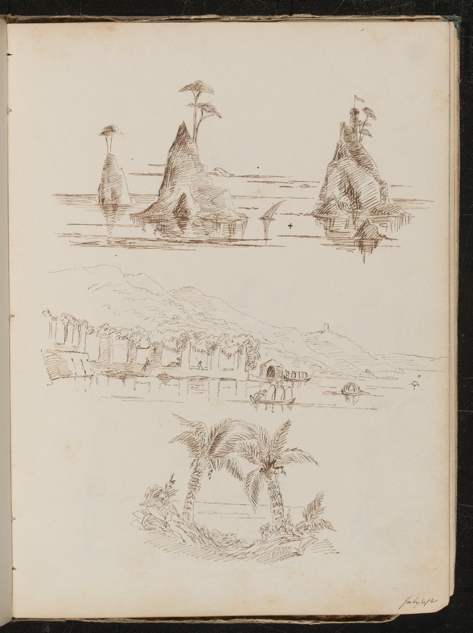 Drie studies van rotsachtige eilanden, een waterrijk landschap met mensen en boten, en palmbomen door Lady Butler