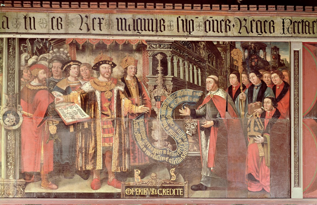 Bisschop Robert Sherburne met Hendrik VIII (1491-1547) c.1508-36 (muurschildering) door Lambert Barnard