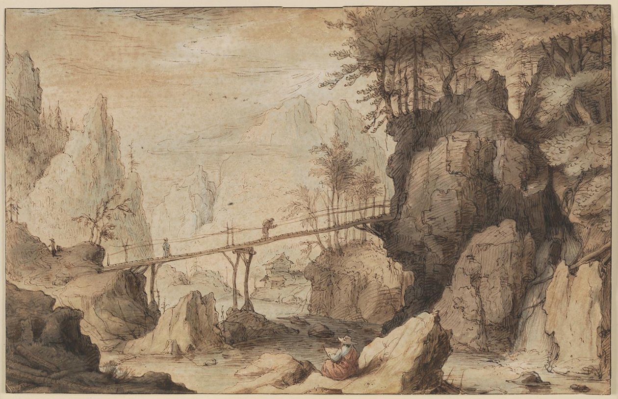 Tekenaar op een steen voor een brug door Lambert Doomer