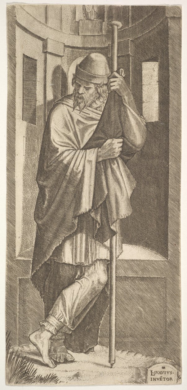 Sint Jacobus Major leunend op een paal voor een nis, zijn linkerbeen over zijn rechter gekruist, 1545 door Lambert Suavius