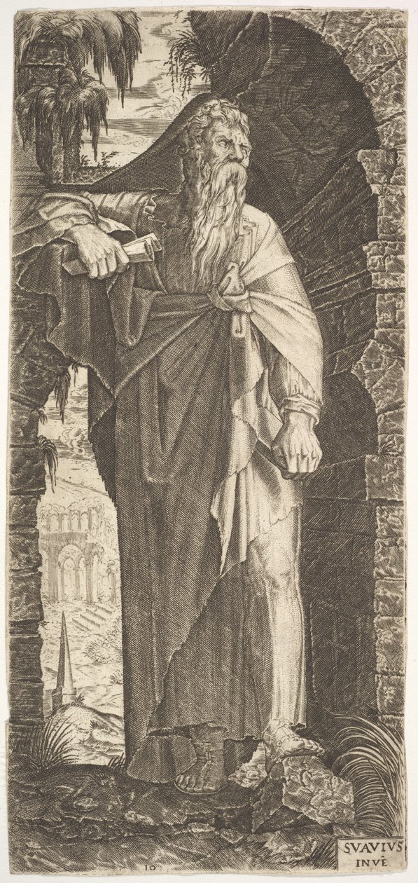 Sint Paulus staand onder een overwoekerde boog, zijn linkervoet op een rots, zijn rechterhand..., 1545 door Lambert Suavius