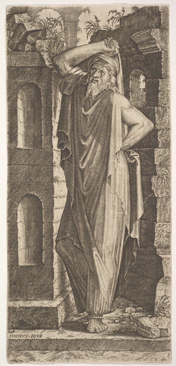 St. Philip, staand met zijn linkerhand op zijn heup en zijn rechterhand rustend op zijn hoofd, 1545 door Lambert Suavius