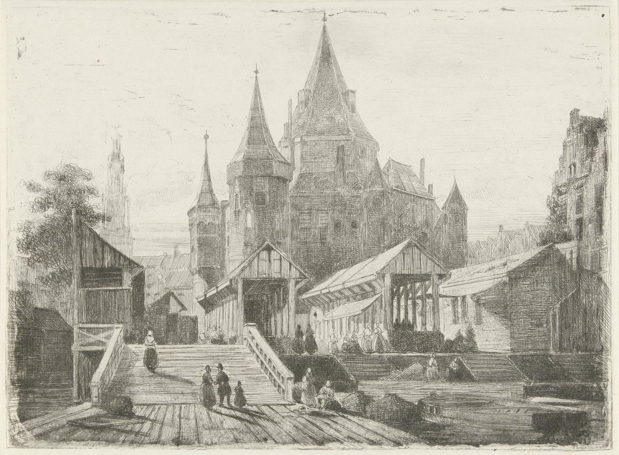 Gezicht op de Nieuwmarkt te Amsterdam door Lambertus  Hardenberg