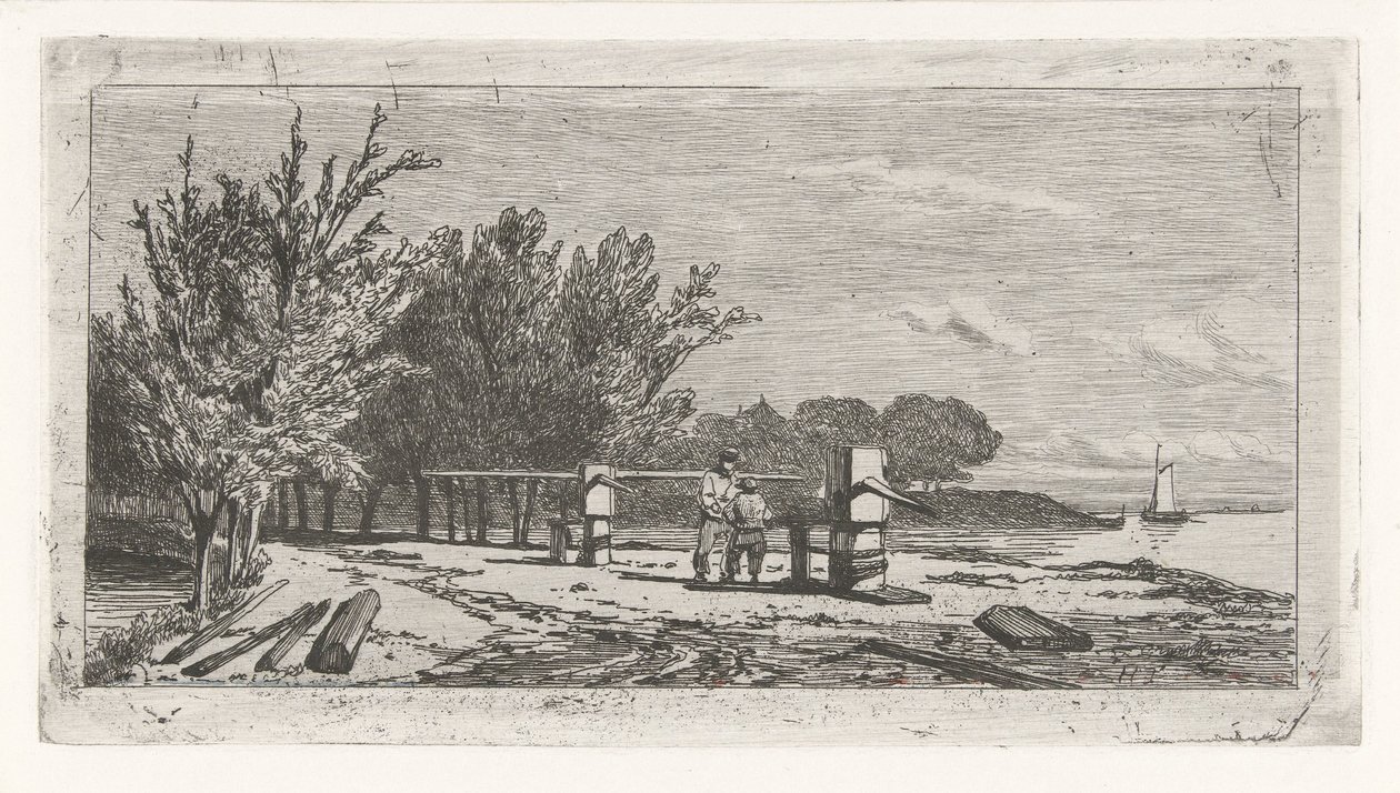 Man en jongen langs de oever van een rivier door Lambertus  Hardenberg