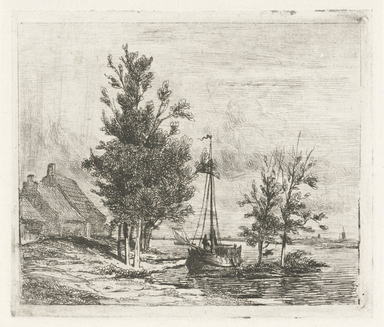 Rivierlandschap met zeilschip en boerderij door Lambertus  Hardenberg