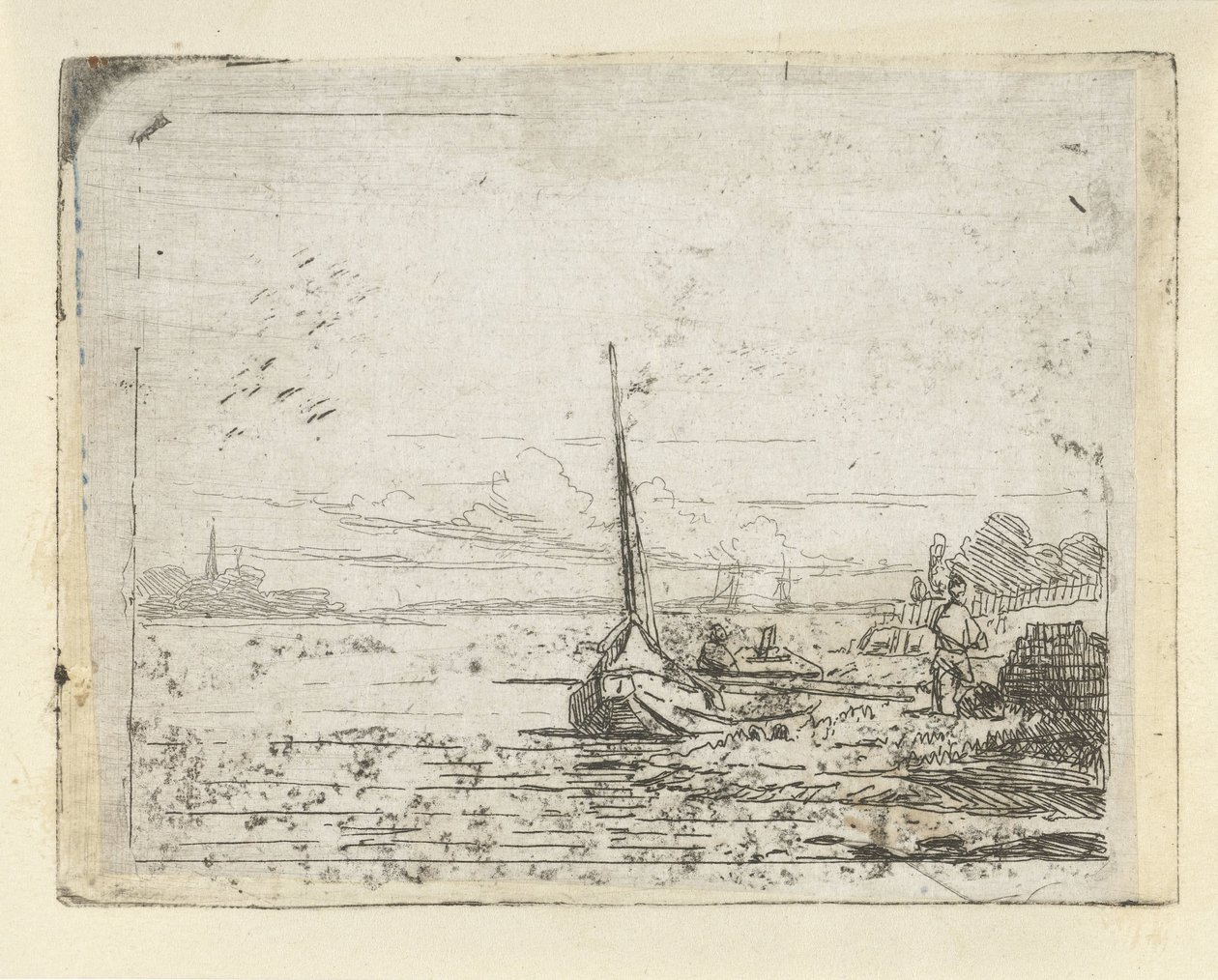 Schip aan een oever door Lambertus  Hardenberg