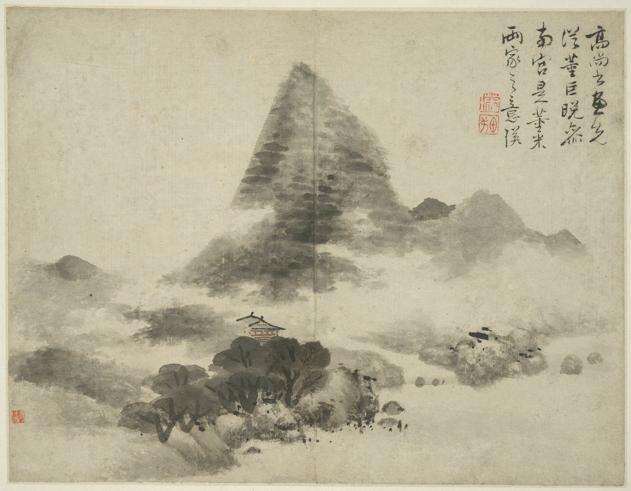Landschap in de stijl van oude meesters: naar Gao Shangshu, volgend Dong Yuan (actief 937-975) en Ju Ran, en later in de stijl van Mi Fu (1051-1107) door Lan Ying