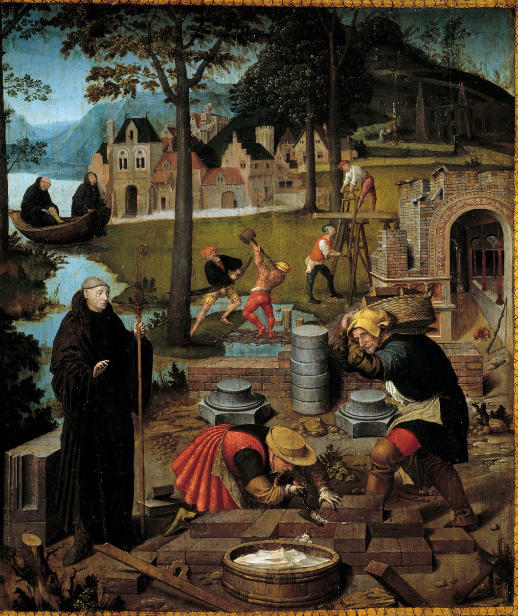 Legende van Sint-Bertin: de abt Sint-Bertin van Sithiu leidt de bouw van het klooster van Sithiu in Saint Omer (detail) door Lancelot Blondeel