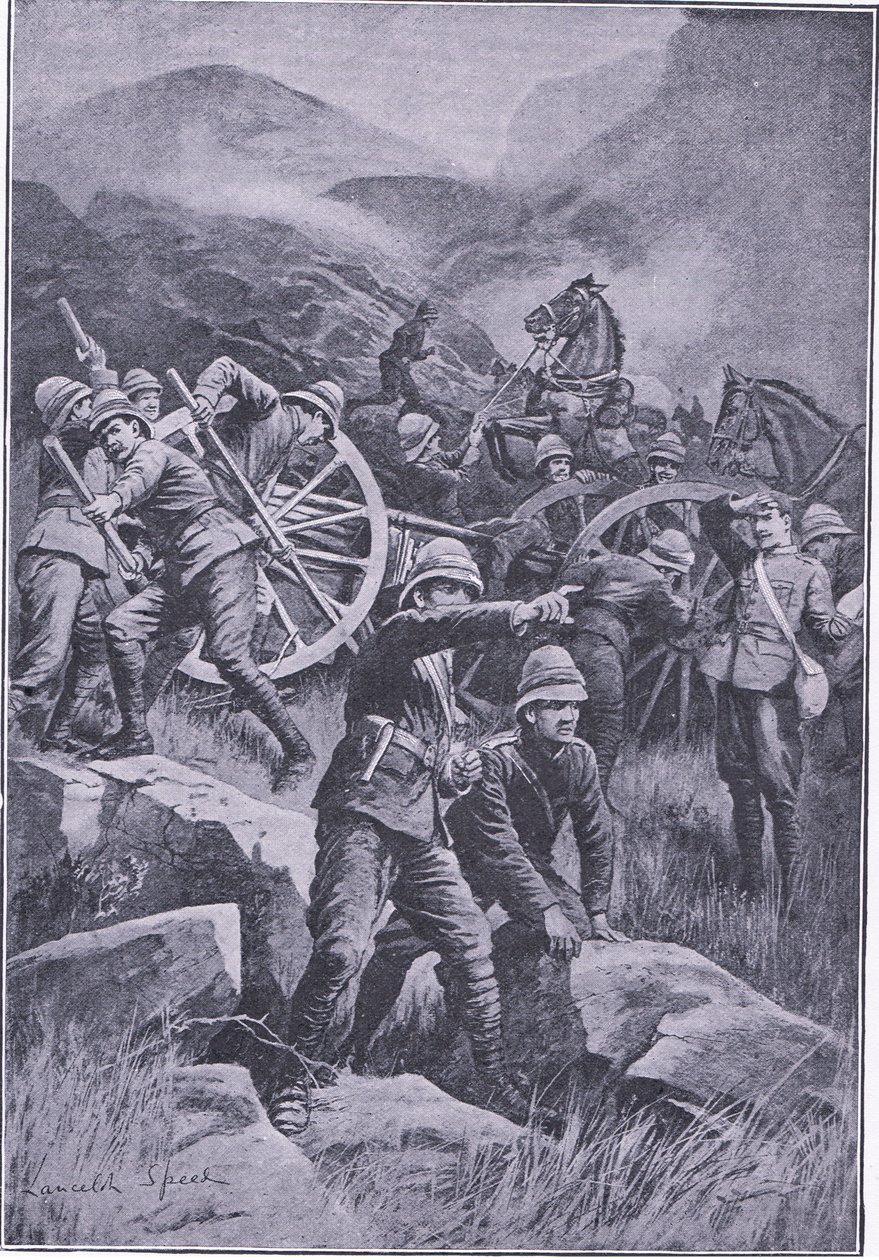 Een kanon omvergeworpen op een heuvel, uit After Pretoria: The Guerilla War gepubliceerd door Harmsworth Bros Limited, 1901 door Lancelot Speed