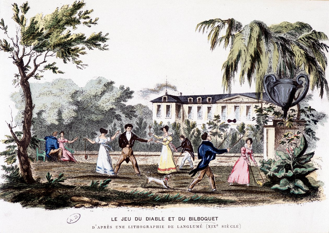 Oude spellen: Het spel van de duivel (diabolo) en de bilboquet, gebaseerd op een lithografie van Langlumé door Langlume Langlume
