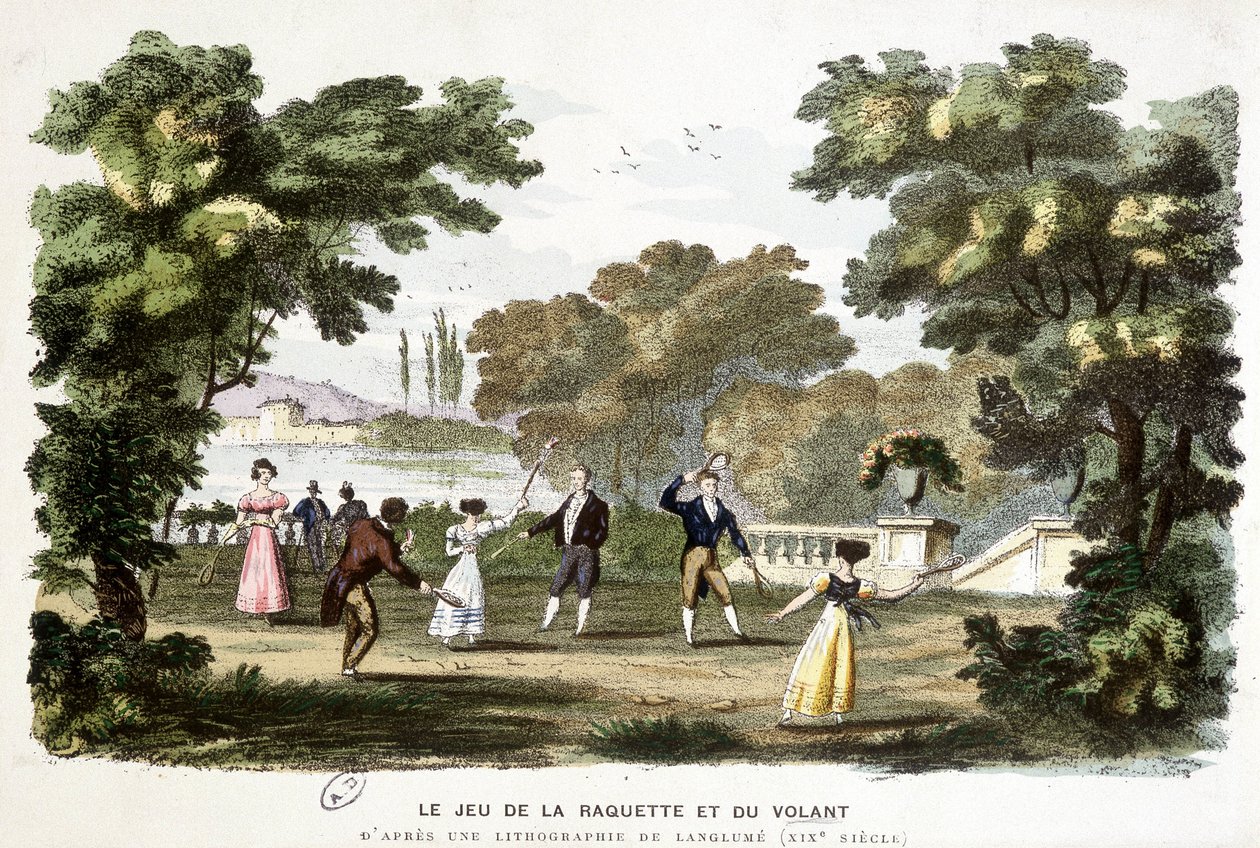 Oude spelen: het spel van racket en shuttle, voorloper van badminton, gebaseerd op een lithografie van Langlumé 19e eeuw door Langlume Langlume
