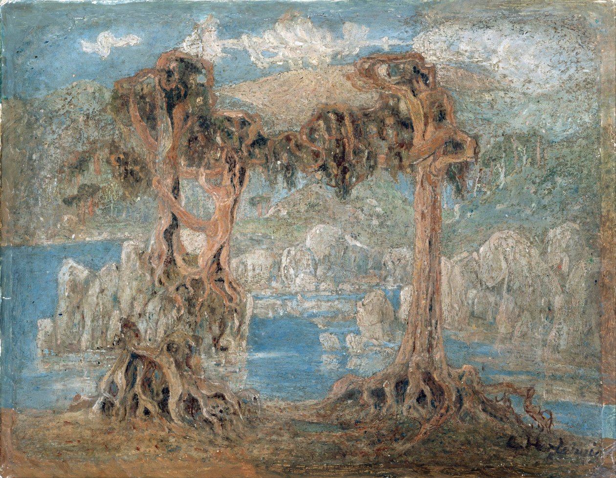 Landschap - Bomen aan de kust, Noorwegen door Lars Hertervig