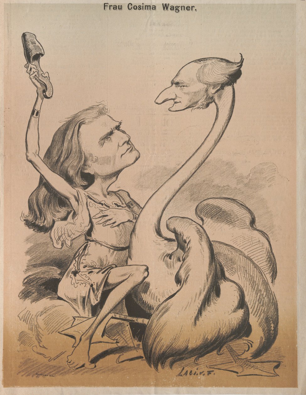 Richard Wagner als zwaan en Cosima Wagner als Leda Omslag van Die Bombe, 1875 door Laszlo Frecskay
