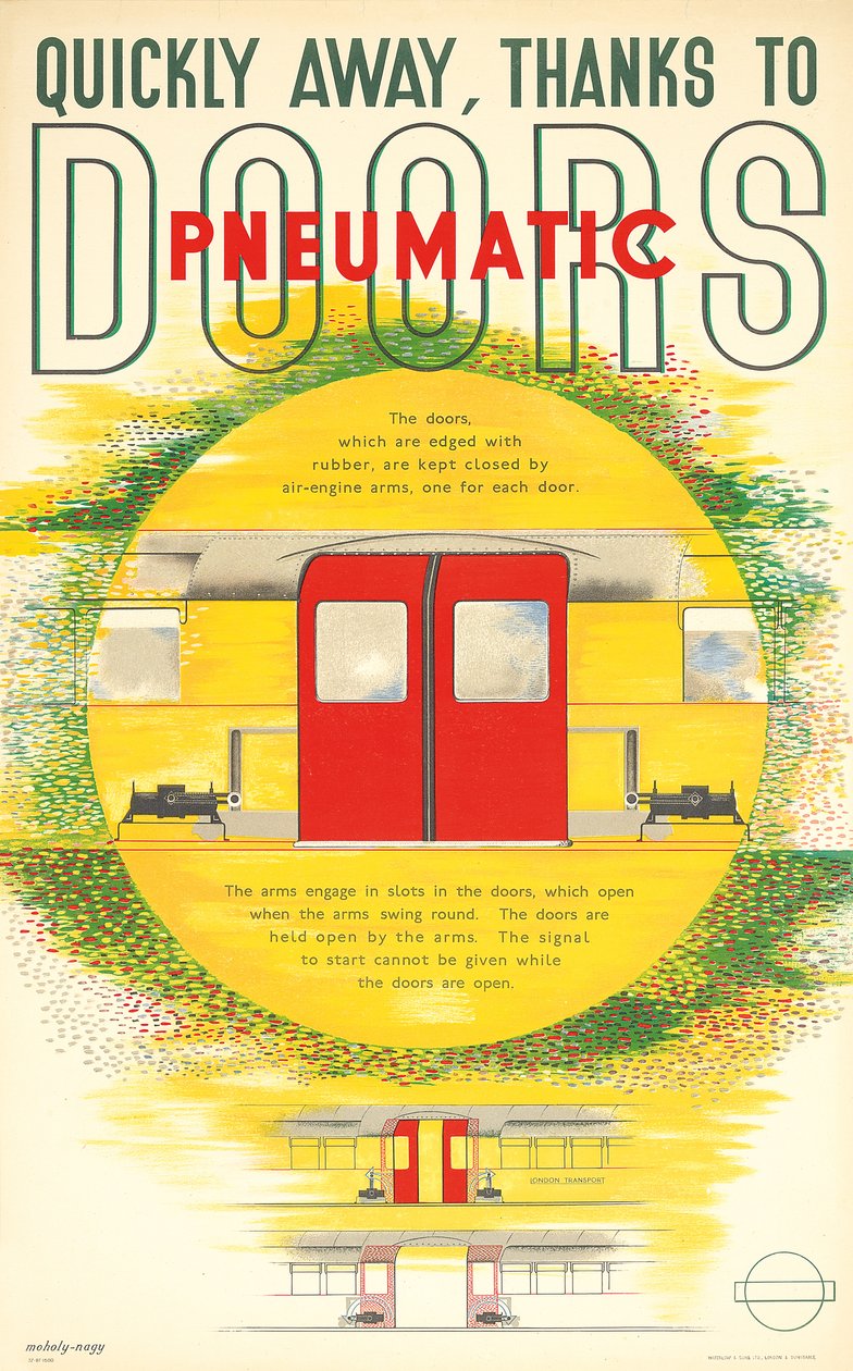 "Snel weg, dankzij pneumatische deuren", een London Transport-poster, 1937 door Laszlo Moholy Nagy