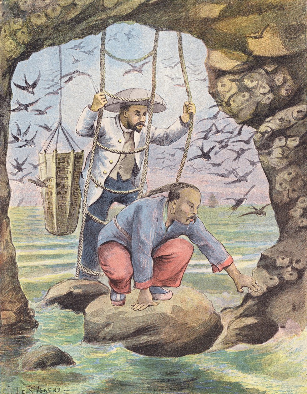 Zwaluwnesten verzamelen op Sumatra (kleurenlitho) door Laurence Louise Le Riverend